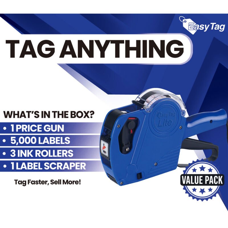 Easy Tag 5500EOS price gun in blue with 5,000 white label stickers