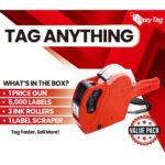 Easy Tag Price Gun, 8 Digits 5500EOS Pricing Gun with 5,000 White Label Stickers, 3 Ink Rollers, 1 Scraper, Price Guns for Retail, Yard Sale (Red)