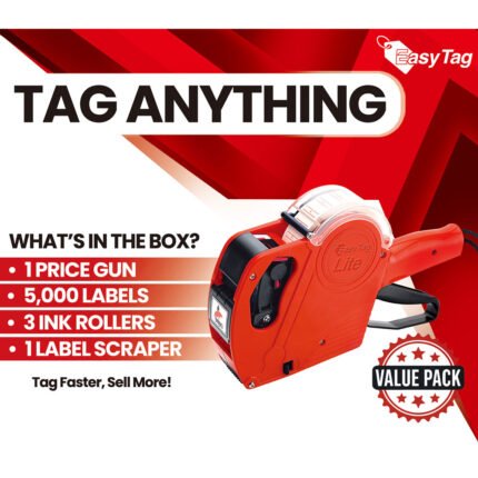 Easy Tag Price Gun, 8 Digits 5500EOS Pricing Gun with 5,000 White Label Stickers, 3 Ink Rollers, 1 Scraper, Price Guns for Retail, Yard Sale (Red)