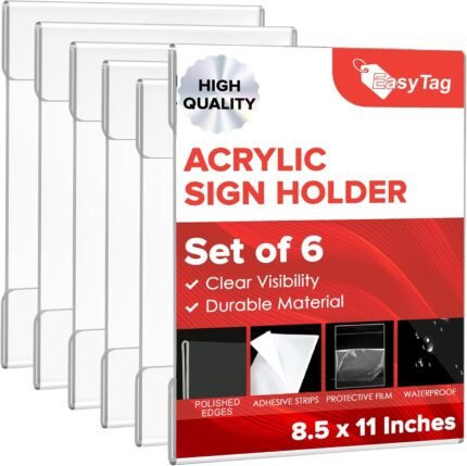 Easy Tag Acrylic Sign Holder 8.5 x 11 Wall Mount, Clear Sign Holders with Adhesive Strips, Wall Document Holder Plastic, Perfect Business & Store Sign Holders, No Drilling