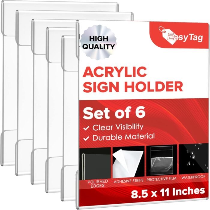 Acrylic Sign Holder 8.5x11 Wall Mount, Clear Plastic Document Holder with Adhesive Strips, No Drilling for Business & Store Use 1 Easy Tag Acrylic Sign Holder 8.5 x 11 Wall Mount, Clear Sign Holders with Adhesive Strips, Wall Document Holder Plastic, Perfect Business & Store Sign Holders, No Drilling - Image 1