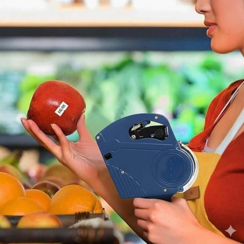 A retail pricing gun in use on fruit in a grocery store, the blue Easy Tag 5500EOS