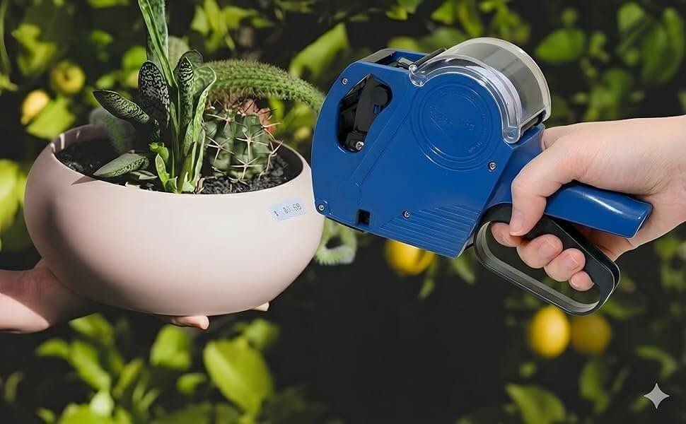 Blue Easy Tag price gun applying a label to a plant pot