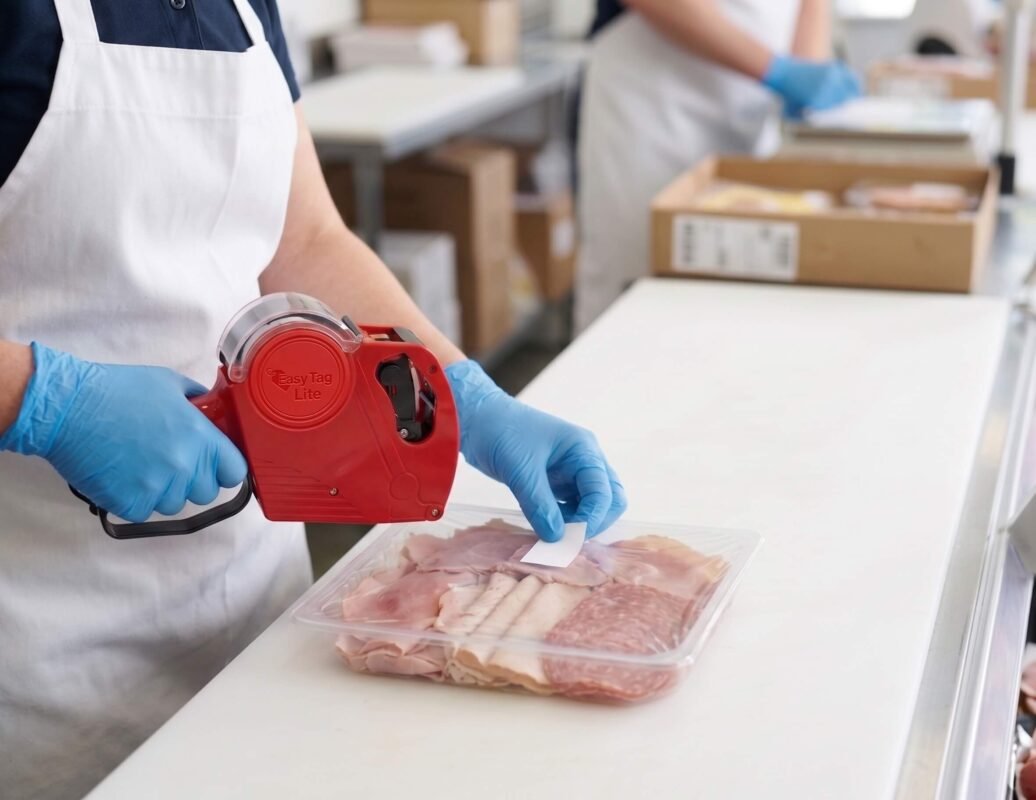 Deli worker using a date label gun on a tray of sliced meat