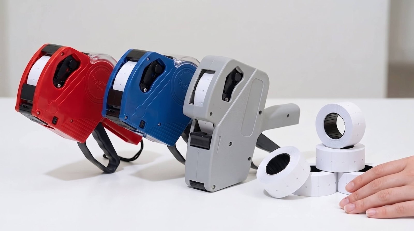 Red and blue Easy Tag price guns beside a plain grey competitor gun