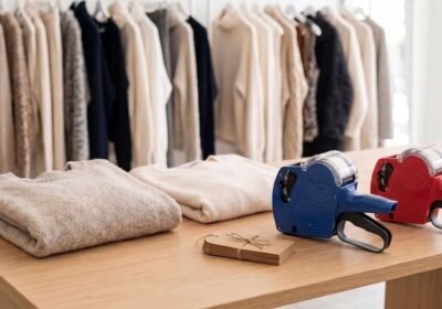 Blue price gun on a boutique counter beside folded knitwear and swing tickets