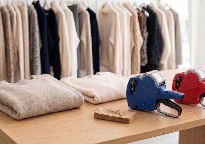 Blue price gun on a boutique counter beside folded knitwear and swing tickets