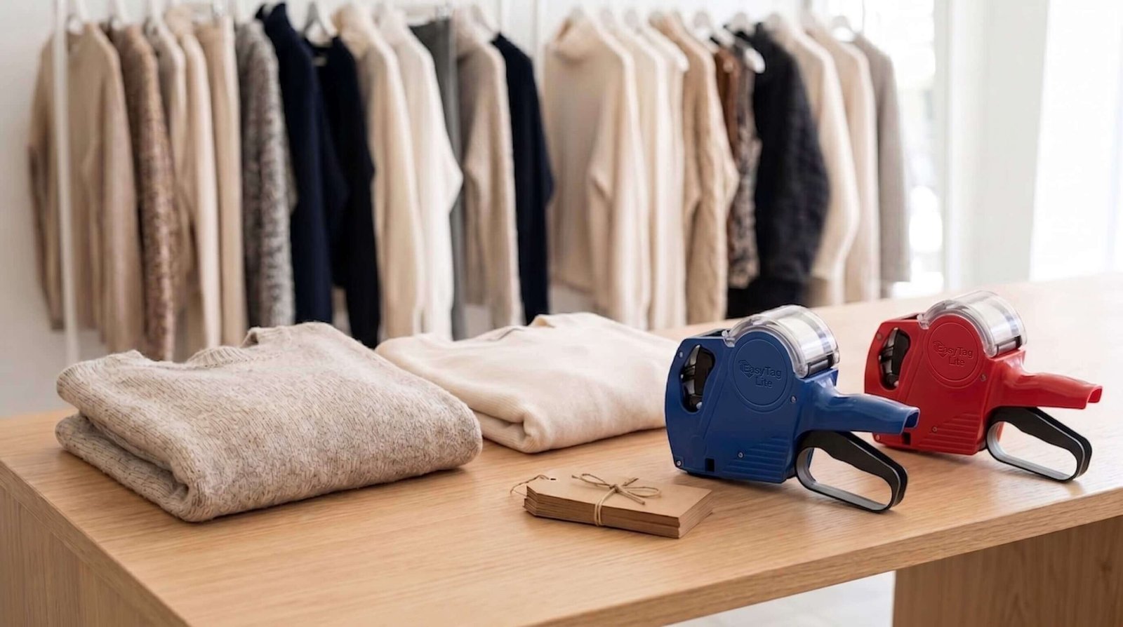 Blue price gun on a boutique counter beside folded knitwear and swing tickets