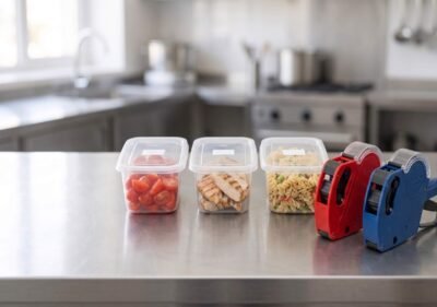 Red and blue date label guns used to date prepared food containers