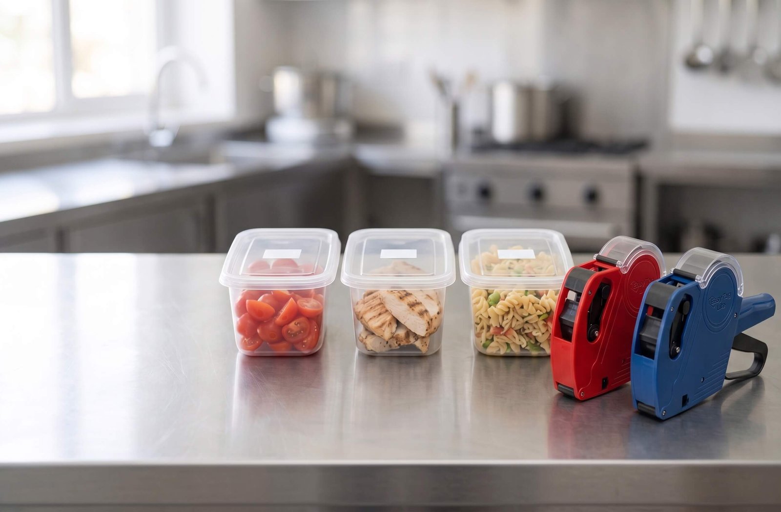 Red and blue date label guns used to date prepared food containers