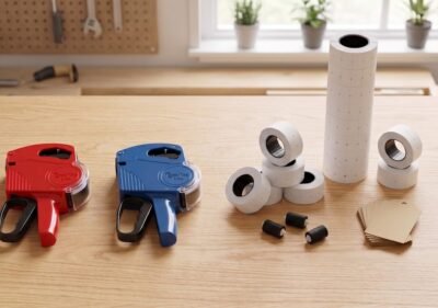 Flat lay of red and blue price guns with label rolls, ink rollers and swing tickets