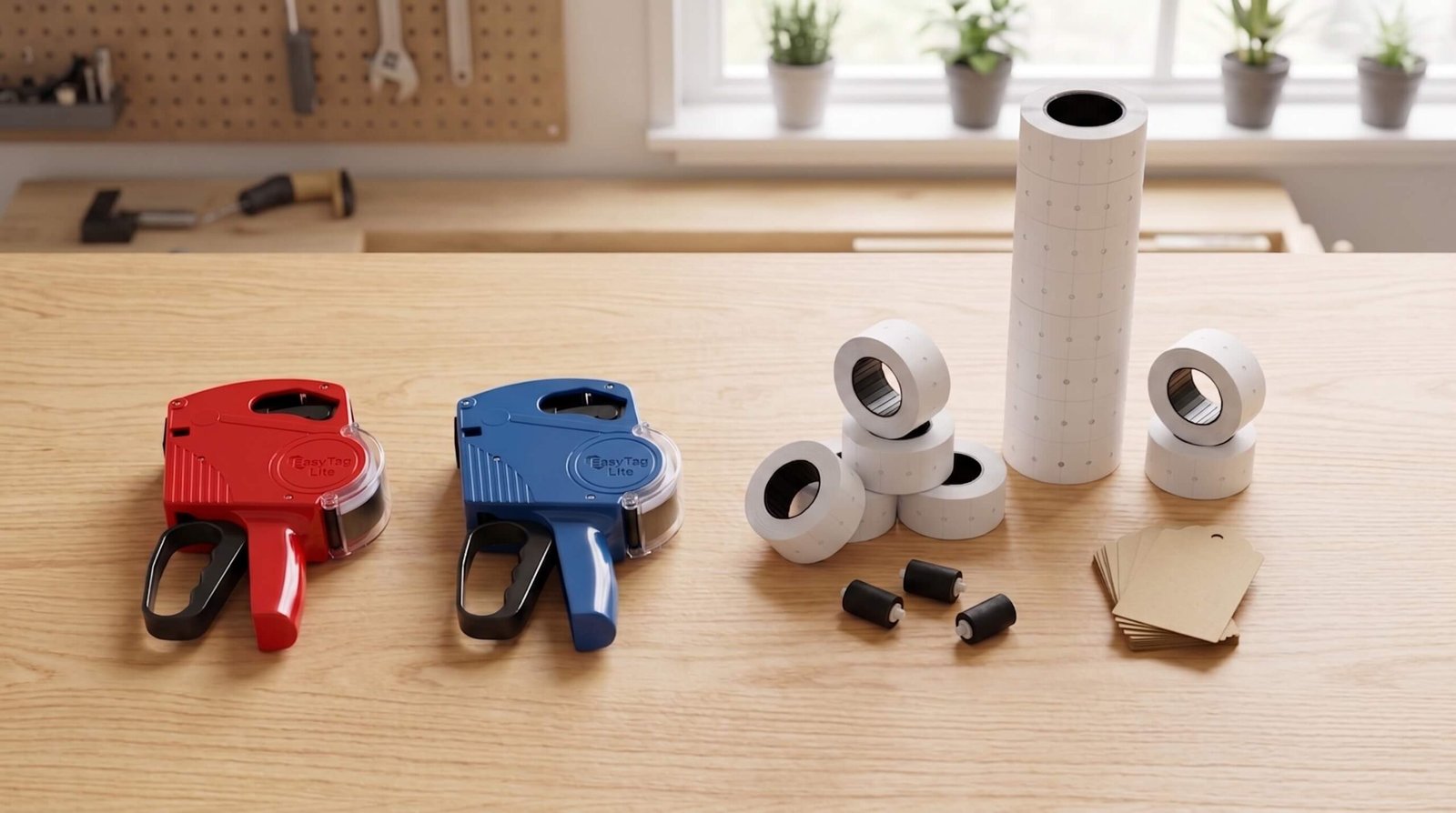Flat lay of red and blue price guns with label rolls, ink rollers and swing tickets