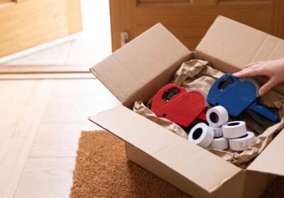 Blue price gun and label rolls arriving in a delivery box