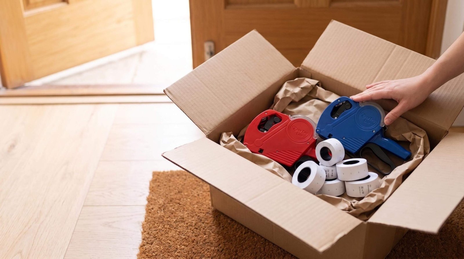 Blue price gun and label rolls arriving in a delivery box