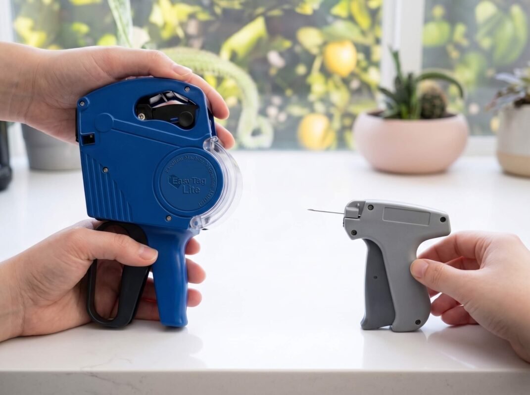 The two tools called a clothing price tag gun: a blue label gun beside a grey tagging gun