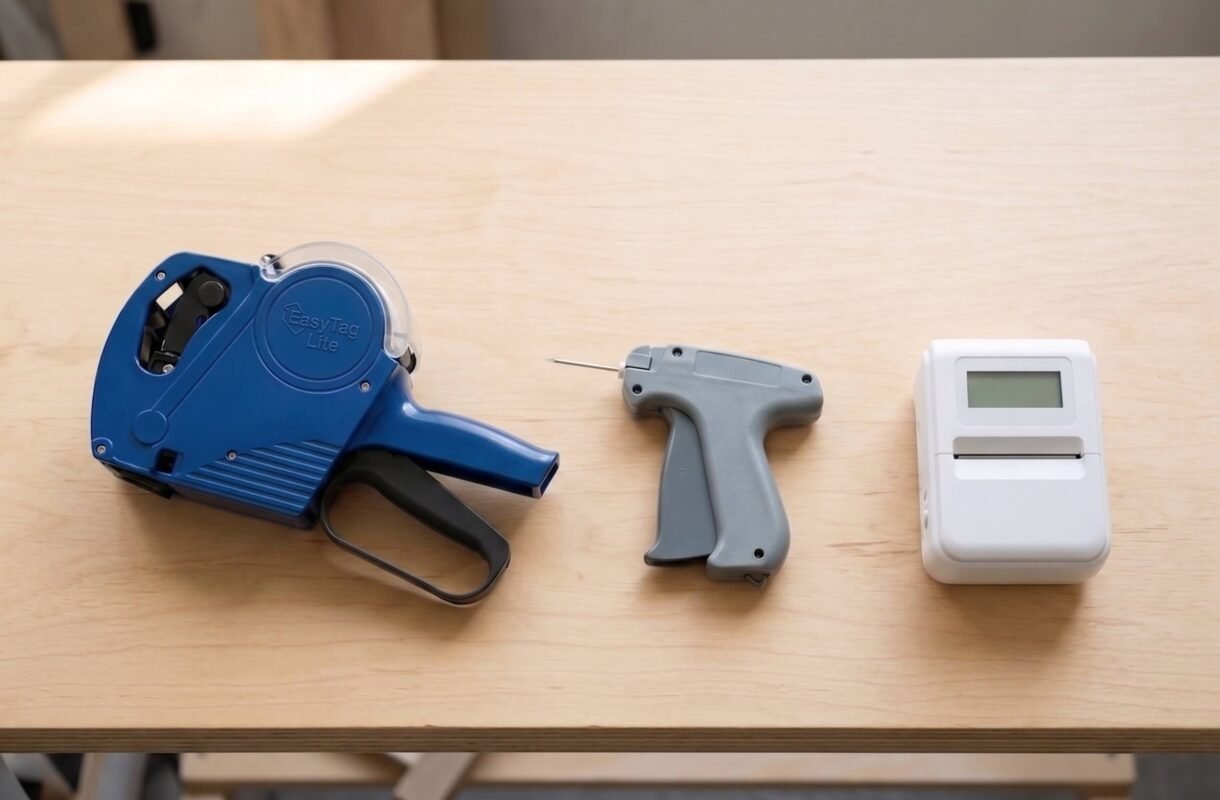 Blue price gun, grey tagging gun and an electronic label printer in a row