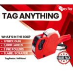 Easy Tag Price Gun, 8 Digits 5500EOS Pricing Gun with 5,000 White Label Stickers, 3 Ink Rollers, 1 Scraper, Price Guns for Retail, Yard Sale (Red)