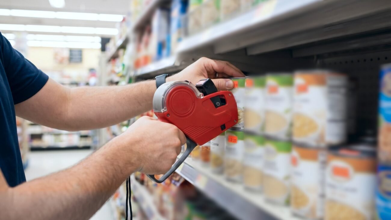 Hands using a red price gun to label canned goods on a grocery store shelf