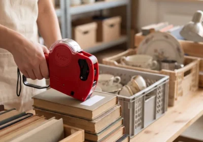 Pricing second-hand books and dishes on a sale table with a red handheld labelling gun