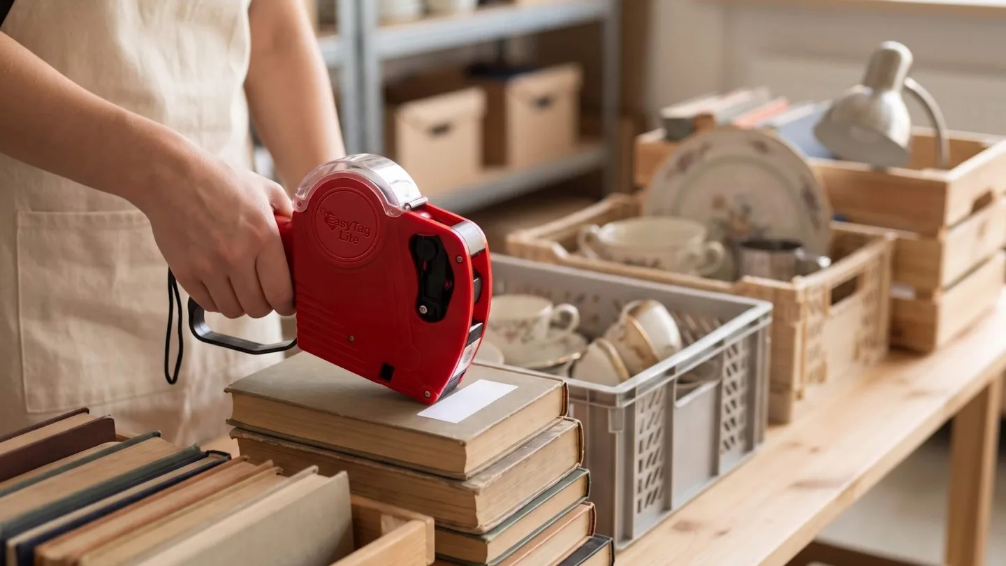 Pricing second-hand books and dishes on a sale table with a red handheld labelling gun