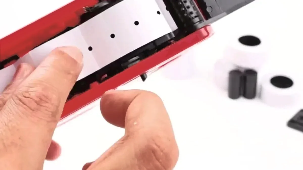 Hands clearing a label jam in a red Easy Tag price gun