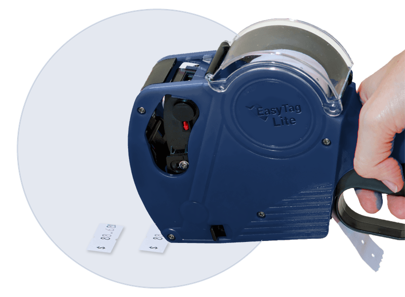 Hand holding the blue Easy Tag Lite price gun