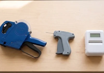 Blue pricing gun on a desk beside a barb tagging gun and an electronic label maker