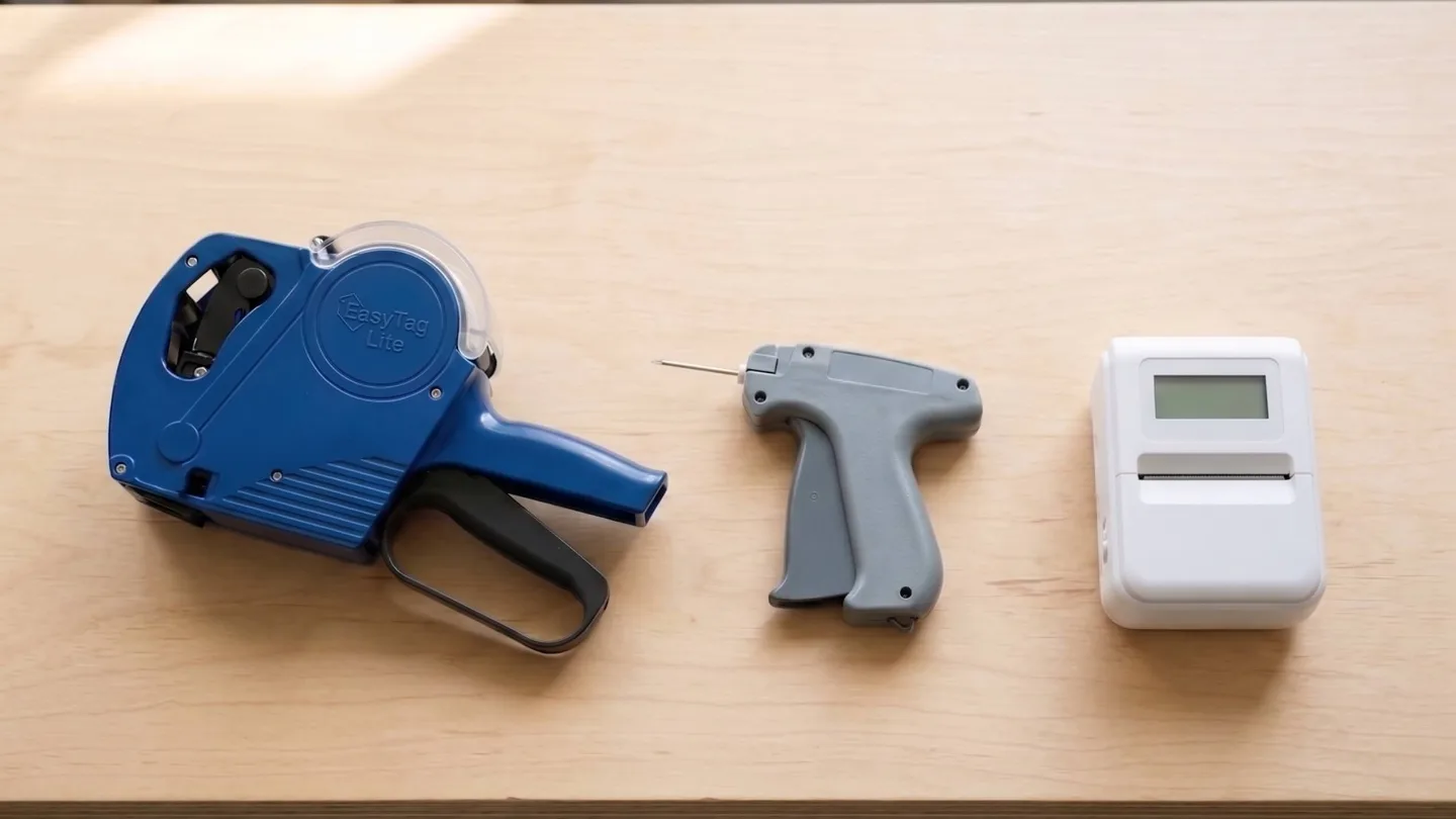 Blue pricing gun on a desk beside a barb tagging gun and an electronic label maker
