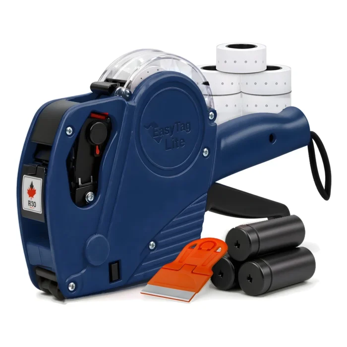 Easy Tag Lite blue price gun kit with 5,000 labels, 3 ink rollers and label scraper
