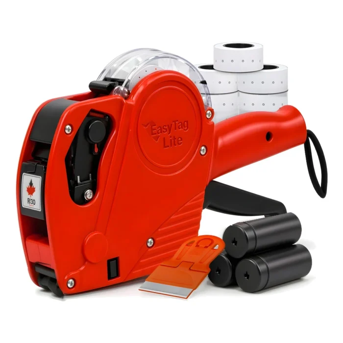 Easy Tag Lite red price gun kit with 5,000 labels, 3 ink rollers and label scraper