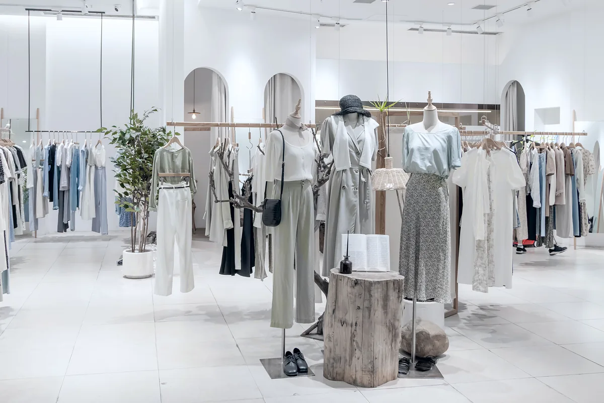 Bright white clothing boutique with arched doorways, mannequins, and neatly organized garment racks