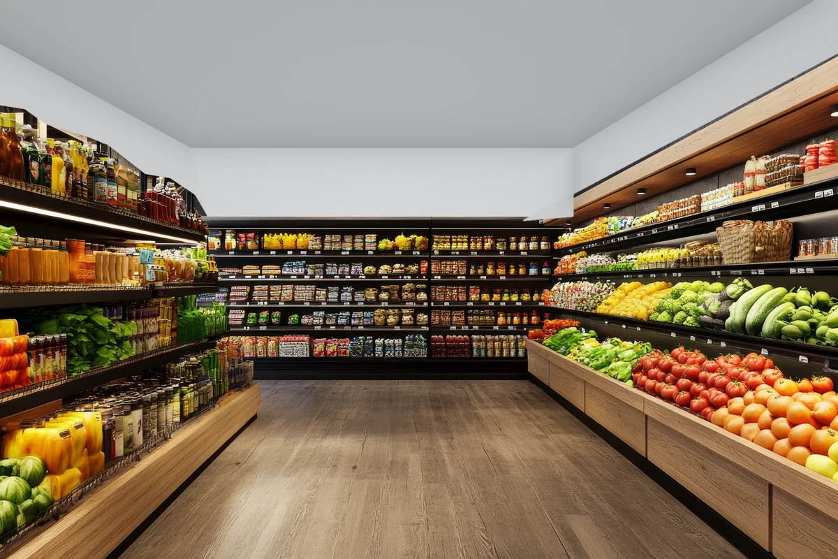 Modern grocery store aisle with dark shelving, a clean gray ceiling, and fresh produce displays