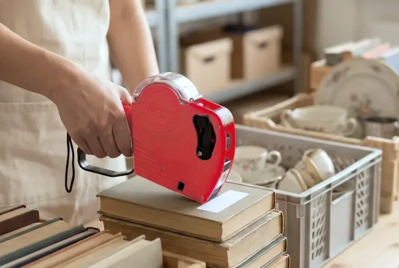 Red Easy Tag price gun labeling a stack of books at a garage sale